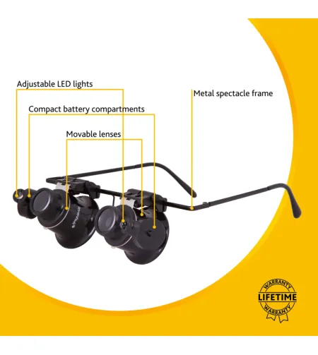 Levenhuk Zeno Vizor G2 PLUS Palielināmais stikls & Brilles ar Apgaismojumu (20x)