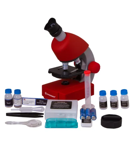 Microscope, Bresser Junior 40x-640x, red with experiment kit, with phone adaptor