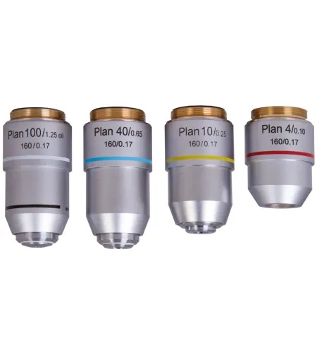 Levenhuk MED 900 Plan Achromatic Objectives Set, 4x, 10x, 40xs, 100xs (oil)