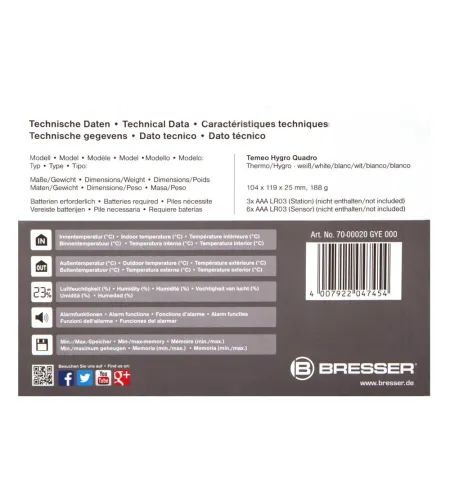 Meteoroloģiskā stacija Bresser Temeo Hygro Quadro, balta
